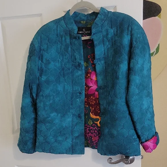 Carole Little Teal green Women's quilted Blazer with bright Floral Lining - Picture 1 of 6